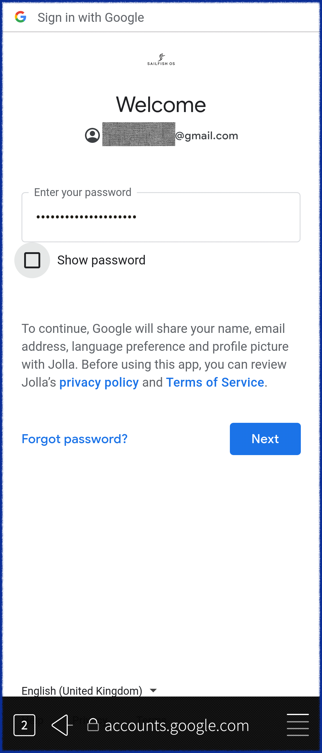 Enter gmail password