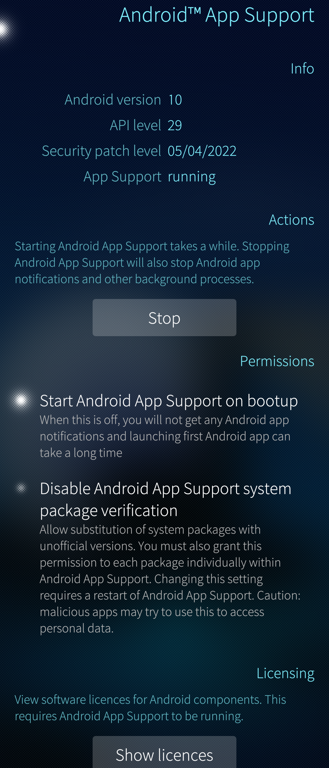 Settings > Android App Support