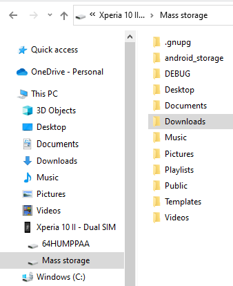 PC file manager: Downloads folder on a phone