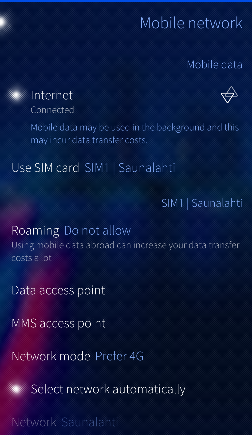 Mobile data connected using Saunalahti SIM