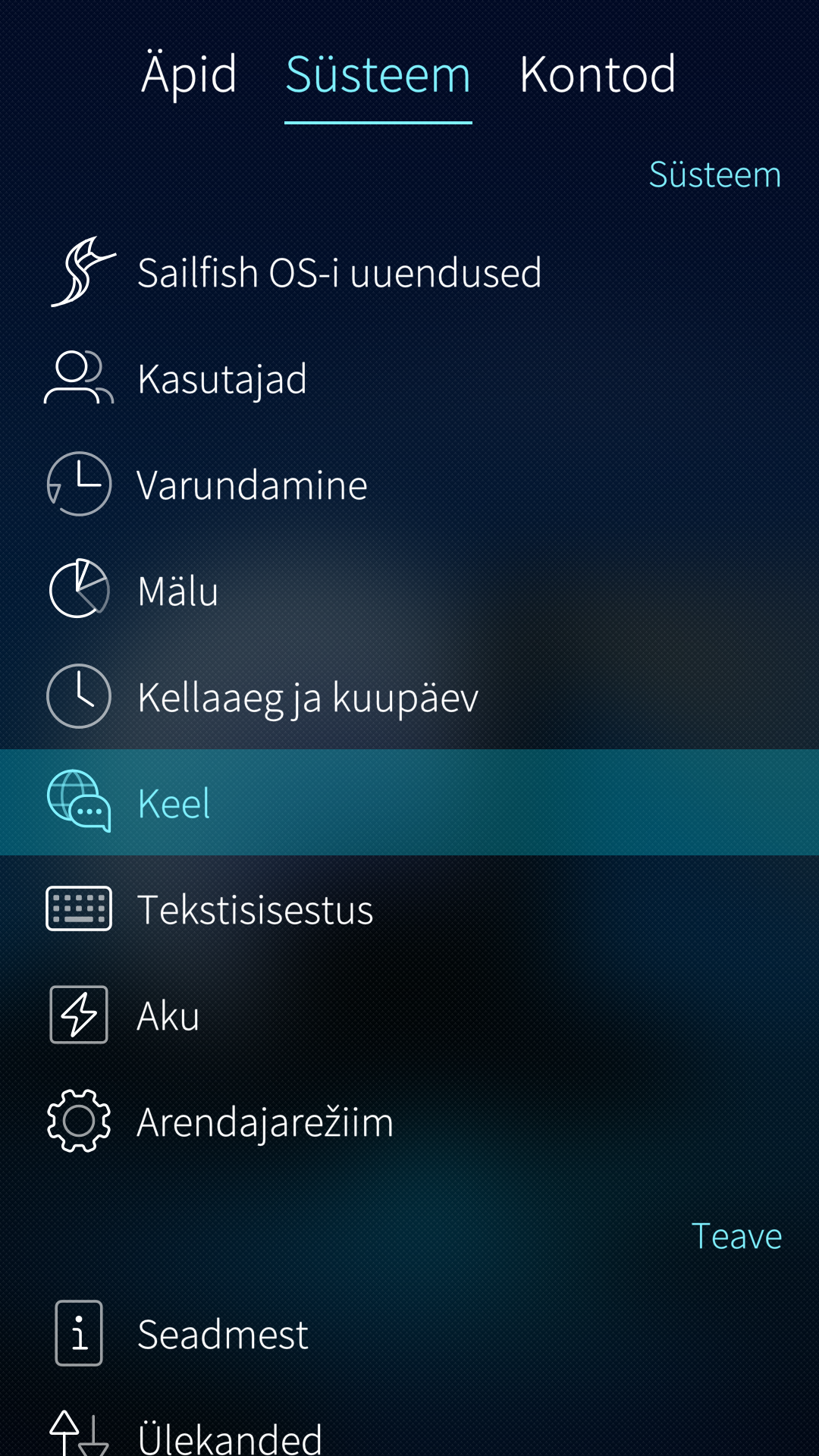 Language settings menu in Estonian