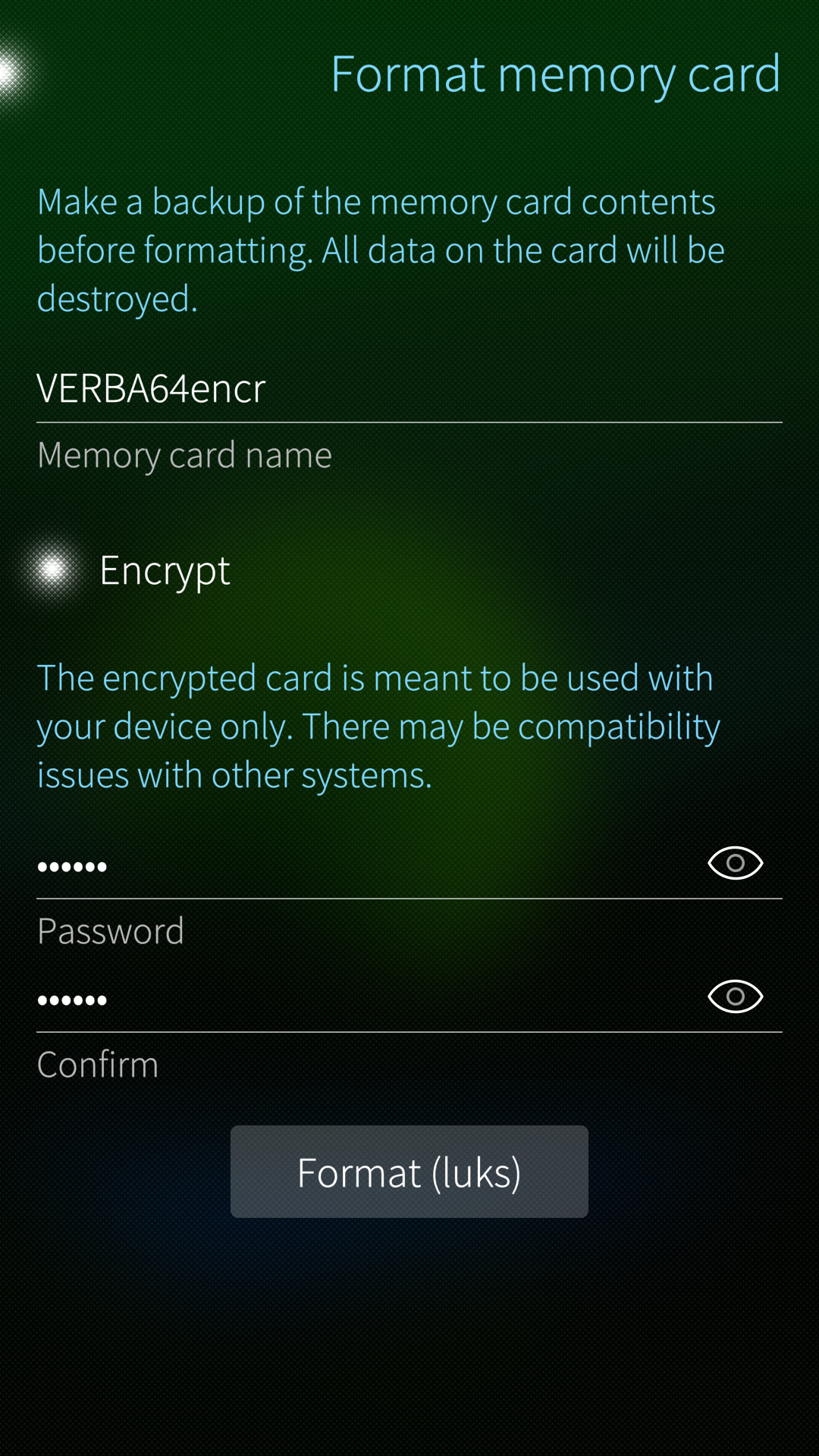 Give a name for the card. Tap encrypt. Type password