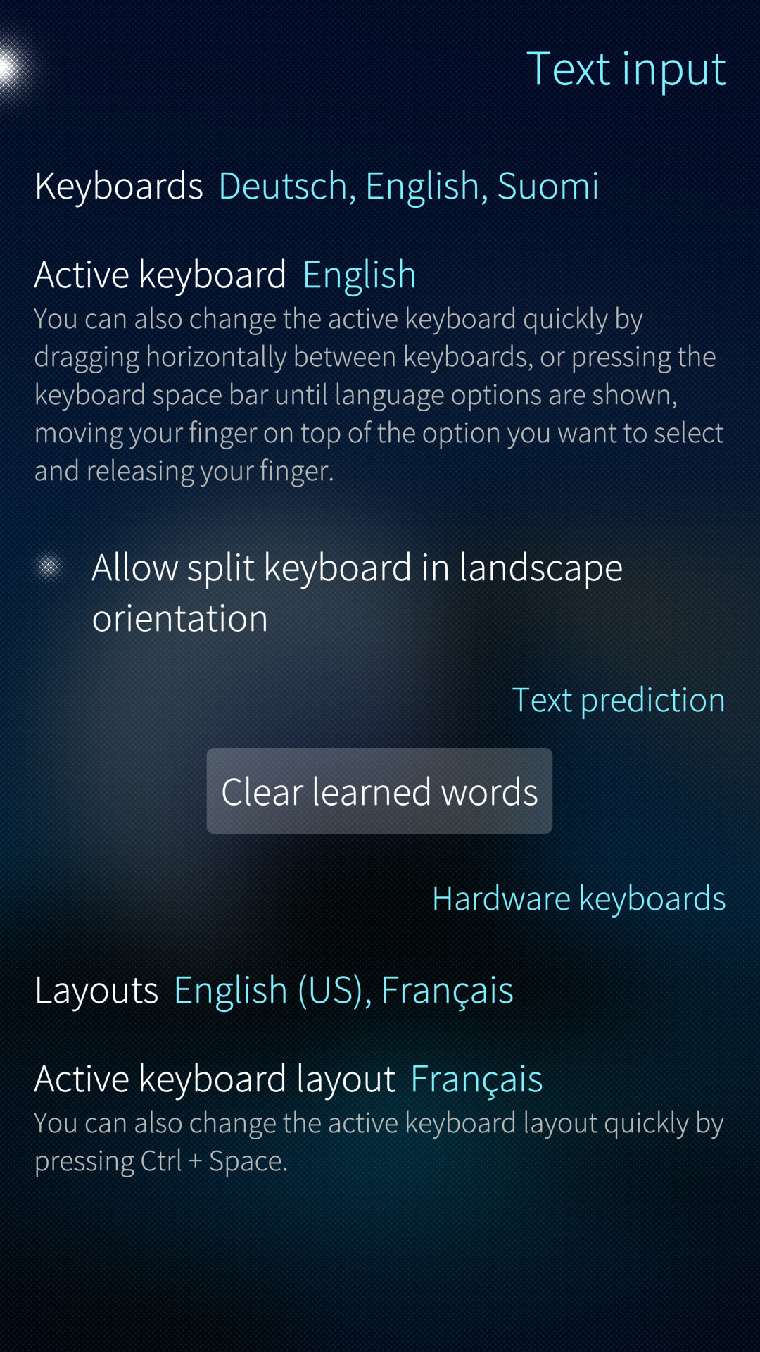 Keyboard and text input menu with some selections