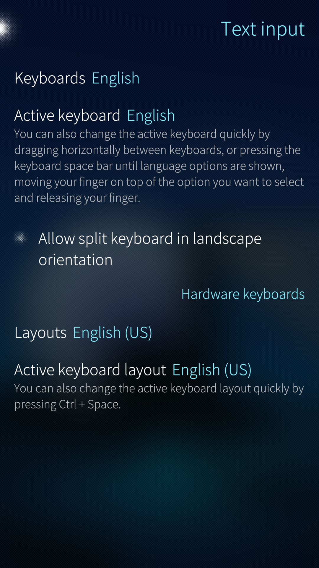 Keyboard and text input menu