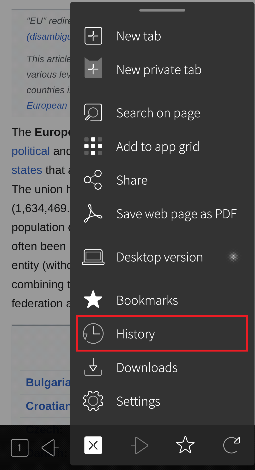 History tool in browser toolset